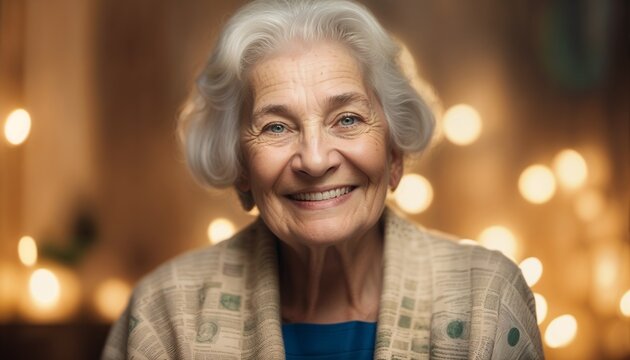 Portrait of an elderly woman smiling with a clear face, soft out-of-focus background, and a warm front glow