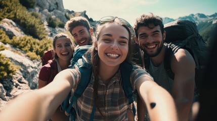 Fototapeta premium Happy Hikers Taking a Selfie in the Mountains
