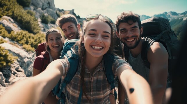 Happy Hikers Taking a Selfie in the Mountains