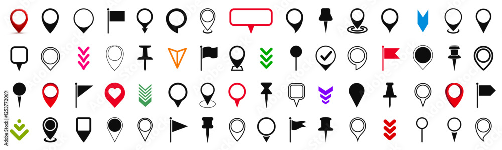 Poster pin map pointer set icons, location and navigation pins, destination markers, gps location flat symb
