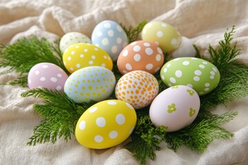 Colorful Easter egg arrangement on soft cloth with delicate greenery accents. Generative AI
