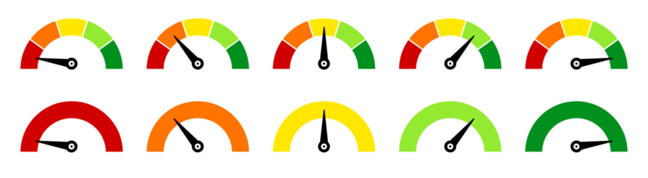 Scale speed valuation set icons, customer indicators of satisfaction, power level indicator, progress bar, colour speedometer, tachometer signs, satisfaction barometer, credit rating indicator