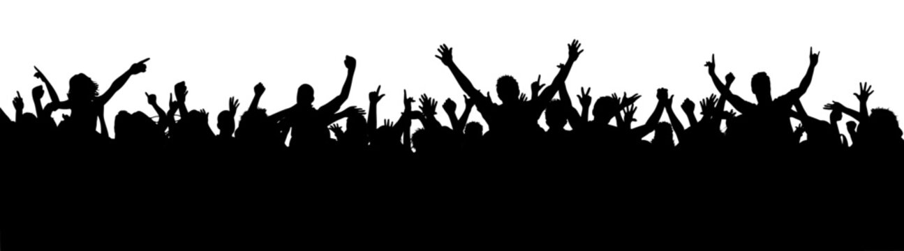 Crowd of people silhouette, happy young group party people together, cheering crowd on concert or sport event, cheerful fans