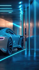 Futuristic vehicle charging, neon lights, sleek design.