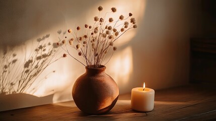 Dried flowers, earthenware vase, lit candle, wooden surface.