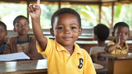 A young student raising their hand in a classroom, eager to answer a question