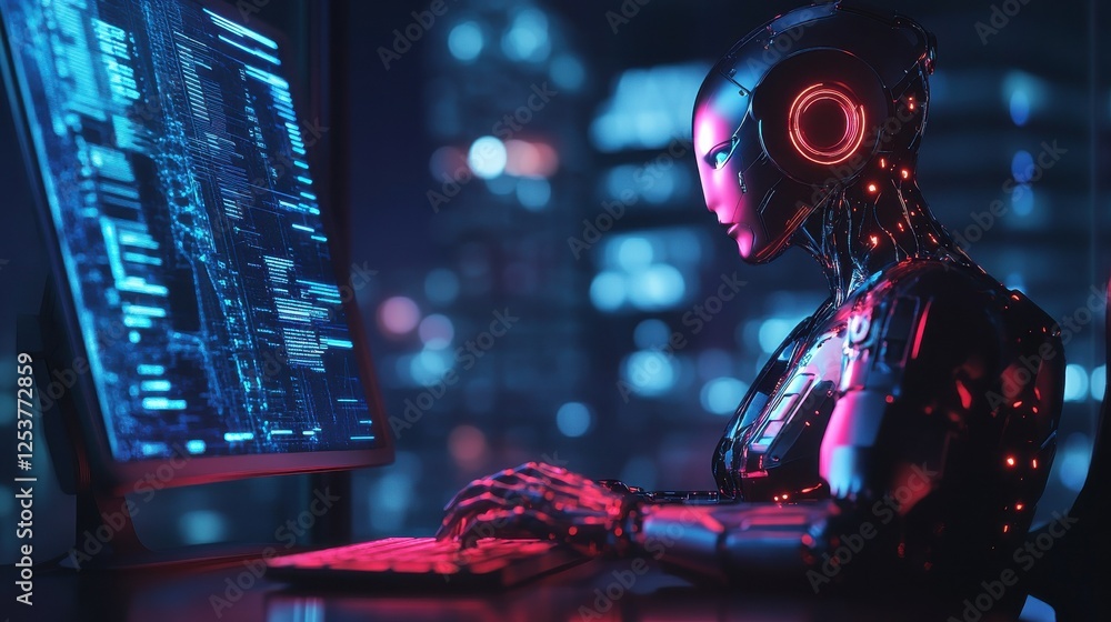 Poster close up of desktop with notebook and abstract glowing ai interface on dark background. artificial i