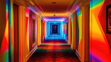 Brightly lit hallway, rainbow colors, vibrant walls, carpet.