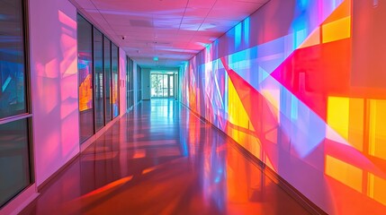 Illuminated hallway with colorful, geometric wall projections.