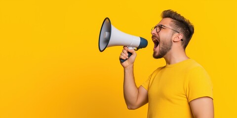 A man in a yellow shirt is holding a megaphone and yelling into it. Concept of excitement and enthusiasm, as if the man is trying to get someone's attention or make a statement