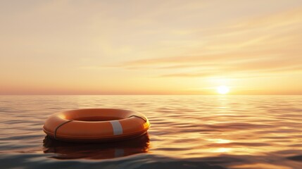 Orange lifebuoy on open water with a tranquil sunrise background inspiring concept for survival maritime safety or emotional resilience campaigns