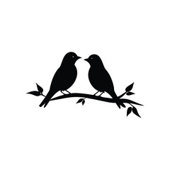 Black Silhouette two birds on a branch, valentine day vector.