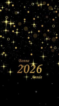 Carte de voeux anim&eacute;e Bonne ann&eacute;e en francais 2026, chic et simple, noir et or, format portrait