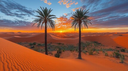 Palm trees in desert sand dunes at sunset