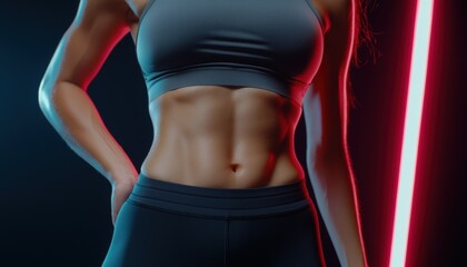 Sculpted female abs and toned body in a dark gym setting intense and empowering visual for fitness health and strength-focused campaigns