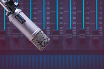 Professional microphone and sound mixer in radio station studio