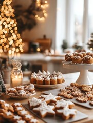 Naklejka premium Festive kitchen table decorated with freshly baked cookies and beautifully arranged cakes during the holiday season. Generative AI