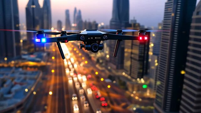 a drone flying over urban cityscape
