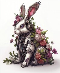 A rabbit adorned in a mechanical suit, featuring vibrant flowers on its back, showcases a blend of nature and technology in an imaginative scene.