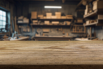 Beautiful natural wood tabletop and workshop or garage background with tools