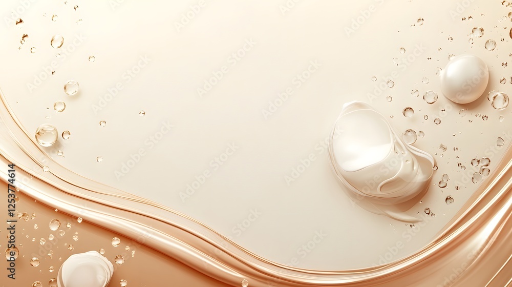 Poster Captivating Liquid Motion   Shimmering fluid waves bubbles and swirls create a mesmerizing abstract composition on a soft ethereal beige background  This dynamic