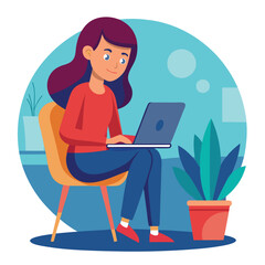 a girl is using his laptop vector