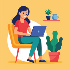 a girl is using his laptop vector