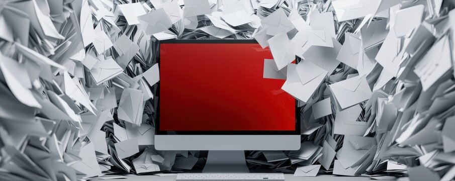 Swirling storm of letters around a desktop glowing monitor artistic depiction of overwhelming correspondence and digital clutter
