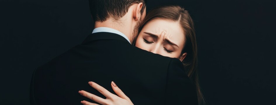 Tearful woman being consoled by a man in a suit dramatic and heartfelt imagery capturing themes of empathy trust and human connection