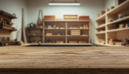 Beautiful natural wood tabletop and workshop or garage background with tools