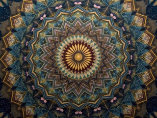 Intricate Islamic Ceiling Art with Symmetrical Patterns and Vibrant Colors"