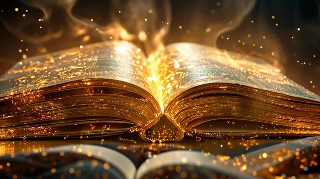 ancient bible book with light glowing and magic energy merge around