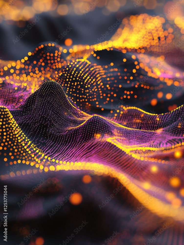 Poster glowing data points forming a complex network in a digital landscape