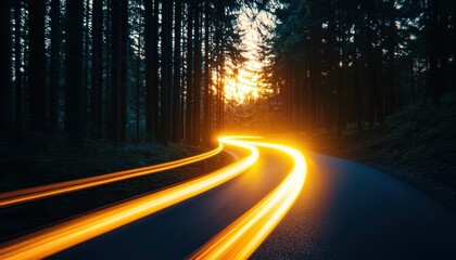 Vibrant car light trails weaving through a dark forest under a glowing sunset powerful metaphor for forward motion innovation and scenic journeys