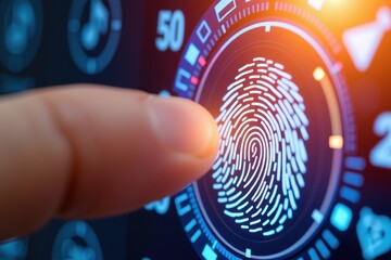 Fototapeta premium A high-tech digital fingerprint scanning concept featuring a futuristic interface with biometric authentication. The glowing fingerprint is highlighted against a sleek, technology-inspired background