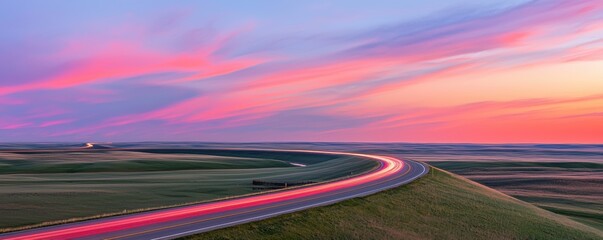 Naklejka premium Winding highway glowing with red light trails under a vivid twilight sky dramatic visual symbolizing speed motion and journey through breathtaking landscapes
