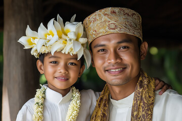 Joyful father and son celebrate traditional cultural event in a serene outdoor setting