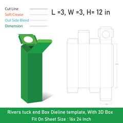 Rivers tuck end Box Dieline template, With 3D Box,Size 3x3x12 in, Vector File