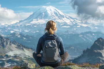 Naklejka premium Wanderlust Moment Amidst the Majestic Mount Rainier Landscape