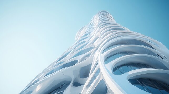 Aerial view of a modern tall building featuring elegant curved white balconies, showcasing contemporary architecture and design elements.