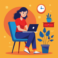 a girl is using his laptop vector