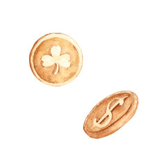 Set of Golden coins with Dollar and three-leaf Clover, Shamrock signs. Hand drawn watercolor illustration isolated on a white background. Elements for Saint Patrick's day.