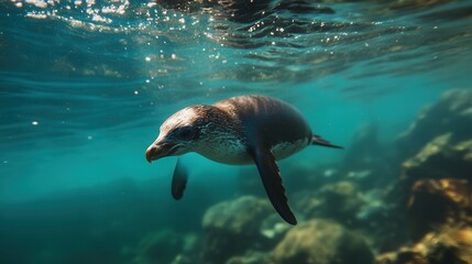 Obraz premium A penguin gracefully swims in clear water, its head above the surface, showcasing its sleek body and playful nature.