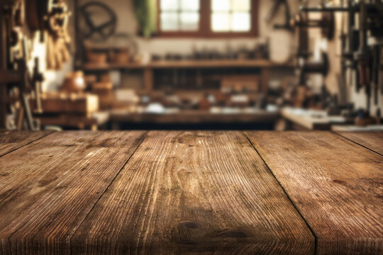 Beautiful natural wood tabletop and workshop or garage background with tools