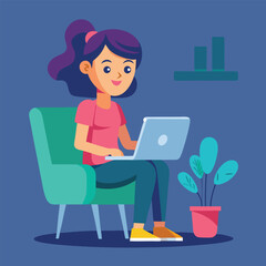 a girl is using his laptop vector