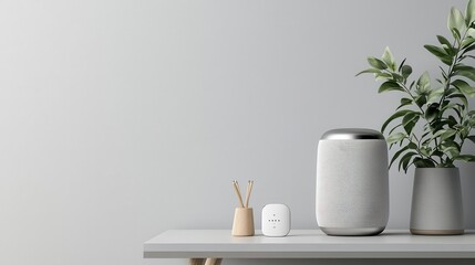 Sleek stainless steel smart home devices on minimalist desk