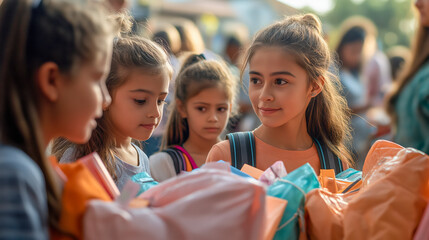 Girls Receiving Gifts: A group of young girls look at gifts in an outdoor setting.