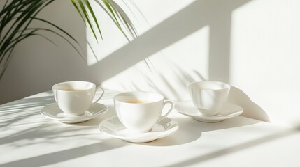 Three White Teacups Bask in Sunlight