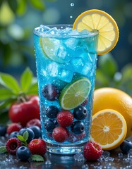 A tall glass of sparkling blue drink, elegantly garnished with lemon and mint, set against a backdrop of fresh seasonal fruits. Perfect for promoting healthy lifestyles.