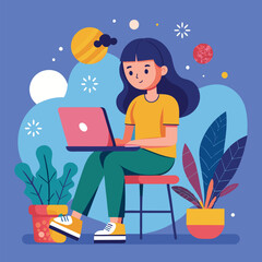a girl is using his laptop vector